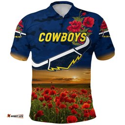 North Queensland Cowboys ANZAC 2022 Polo Shirt Poppy Flowers Vibes - Blue