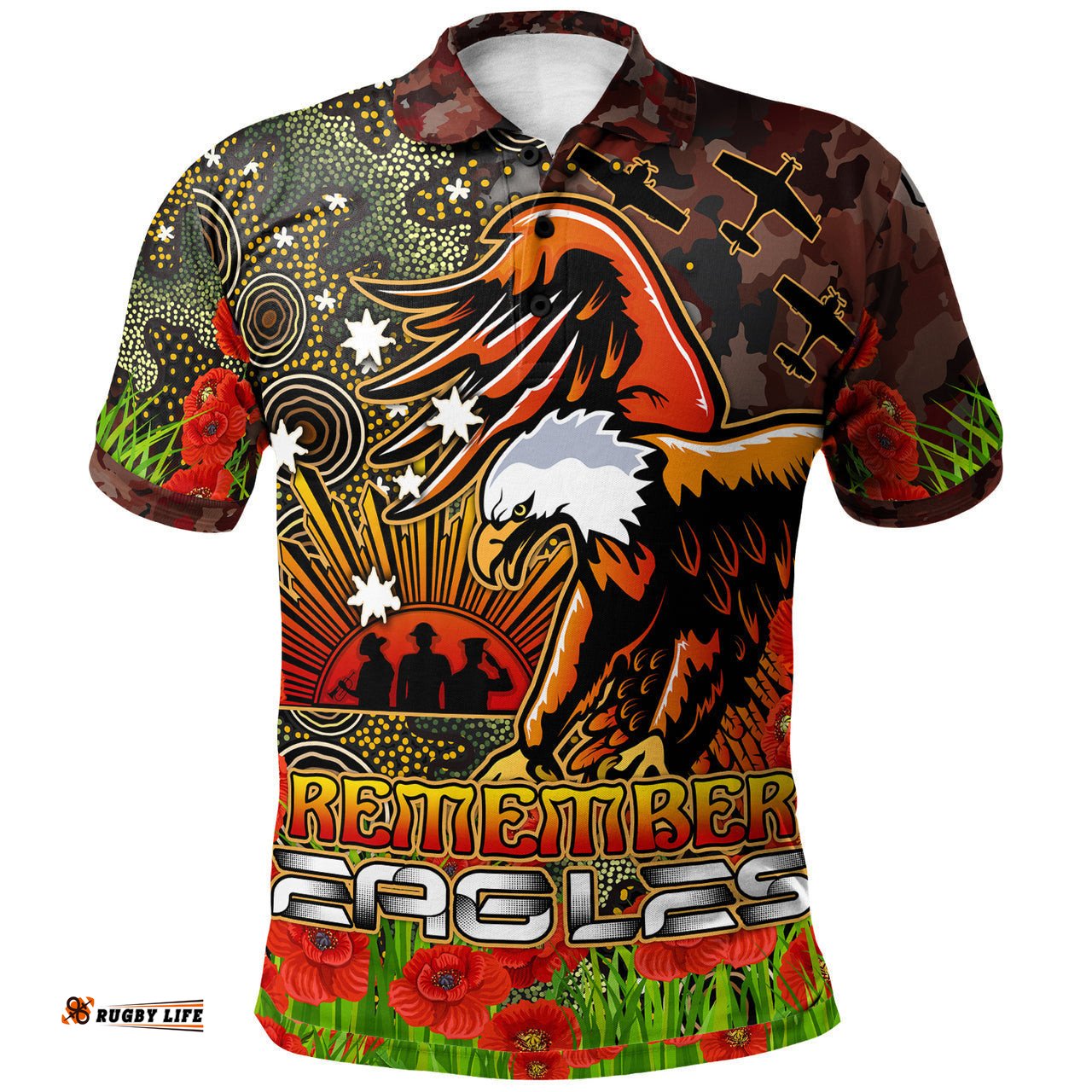Eagles Rugby Polo Shirt - Anzac Eagles with Remembrance Poppy and Indigenous Patterns Polo Shirt RLT13