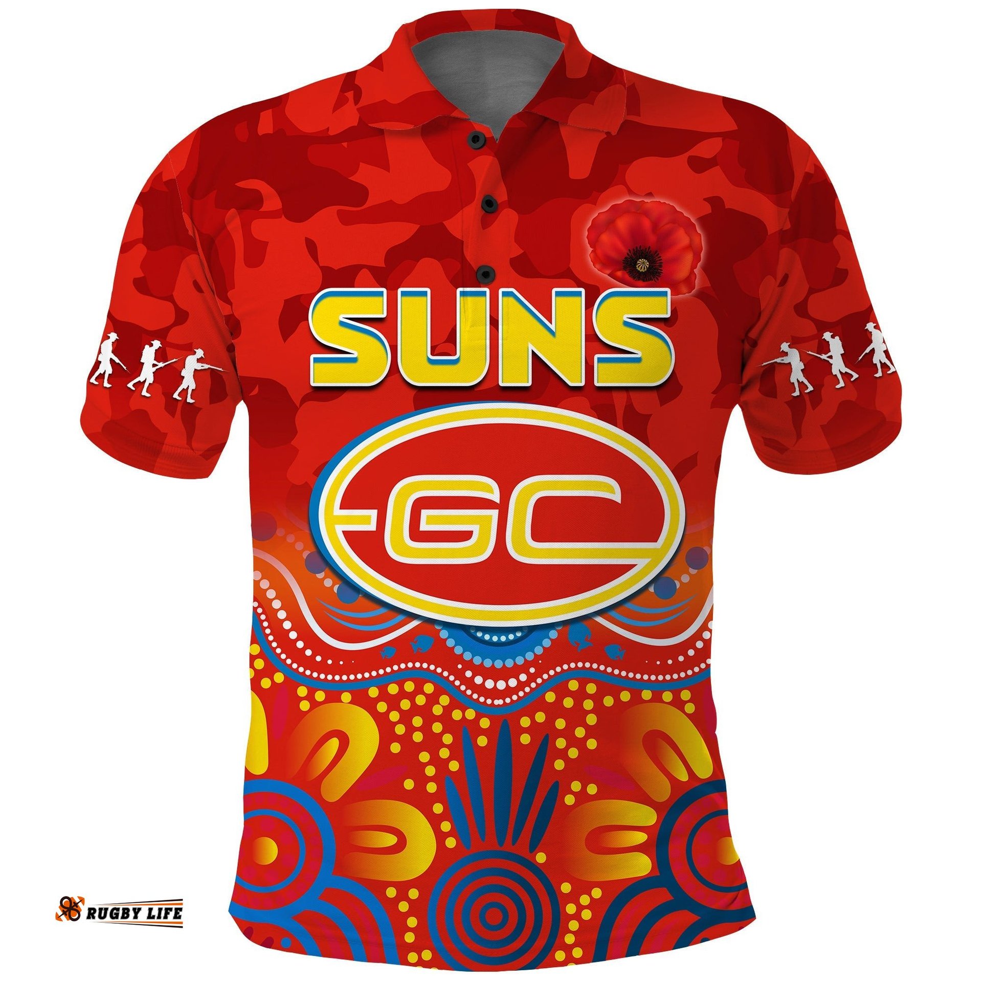 Suns Anzac 2022 Polo Shirt Gold Coast Aboriginal Poppy
