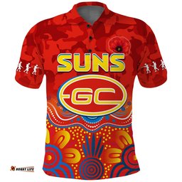 Suns Anzac 2022 Polo Shirt Gold Coast Aboriginal Poppy