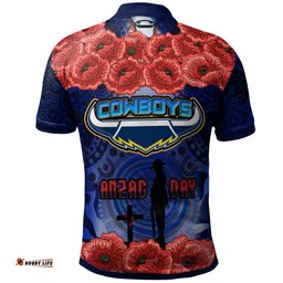 Cowboys Rugby Polo Shirt- Aboriginal Cowboys Anzac Day With Poppy Flower Polo Shirt