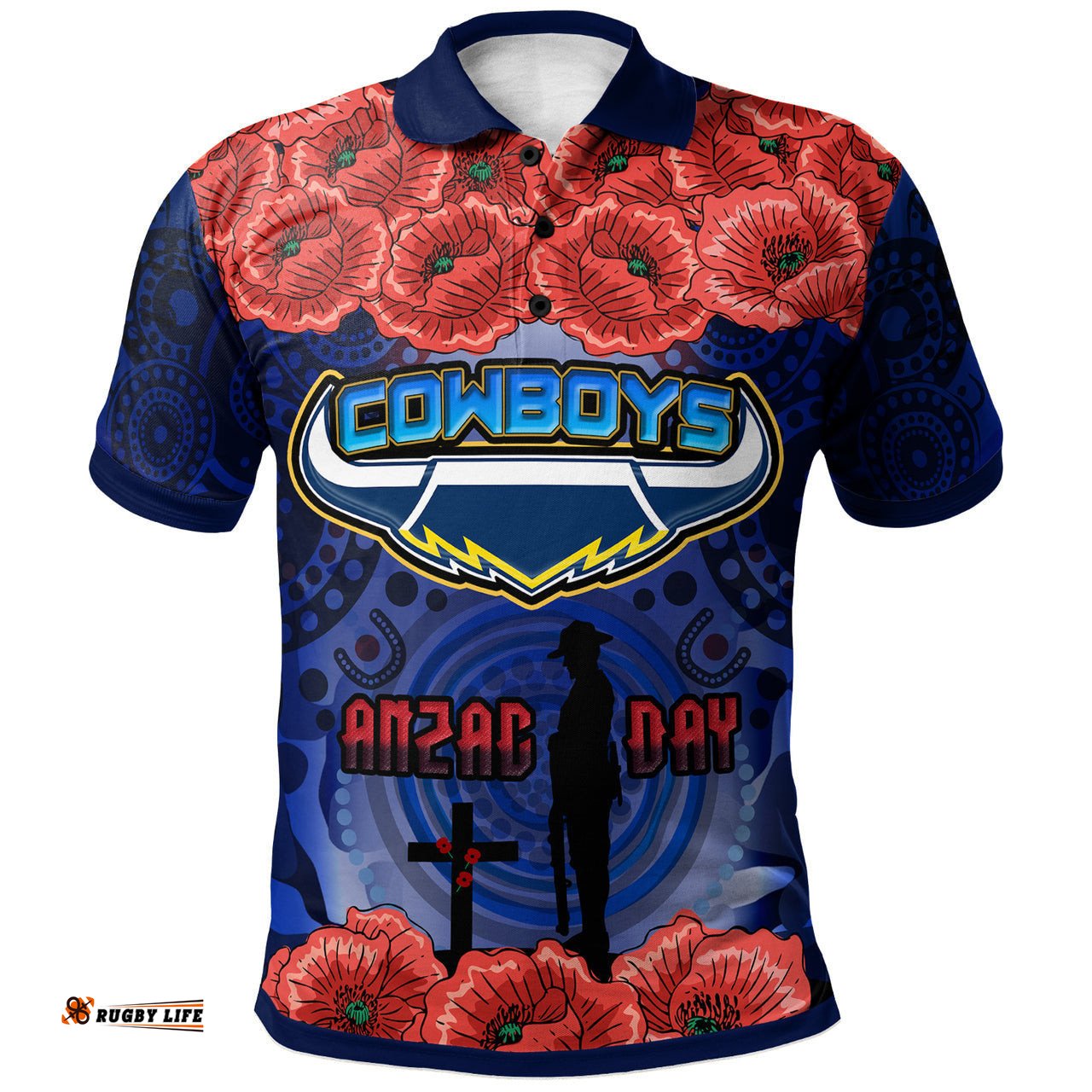 Cowboys Rugby Polo Shirt- Aboriginal Cowboys Anzac Day With Poppy Flower Polo Shirt