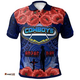 Cowboys Rugby Polo Shirt- Aboriginal Cowboys Anzac Day With Poppy Flower Polo Shirt