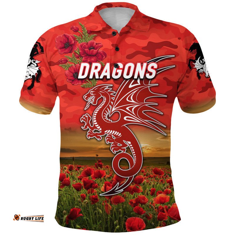 Custom Personalised St. George Illawarra Dragons ANZAC 2022 Polo Shirt Poppy Flowers Vibes - Red