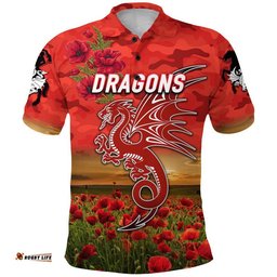 Custom Personalised St. George Illawarra Dragons ANZAC 2022 Polo Shirt Poppy Flowers Vibes - Red