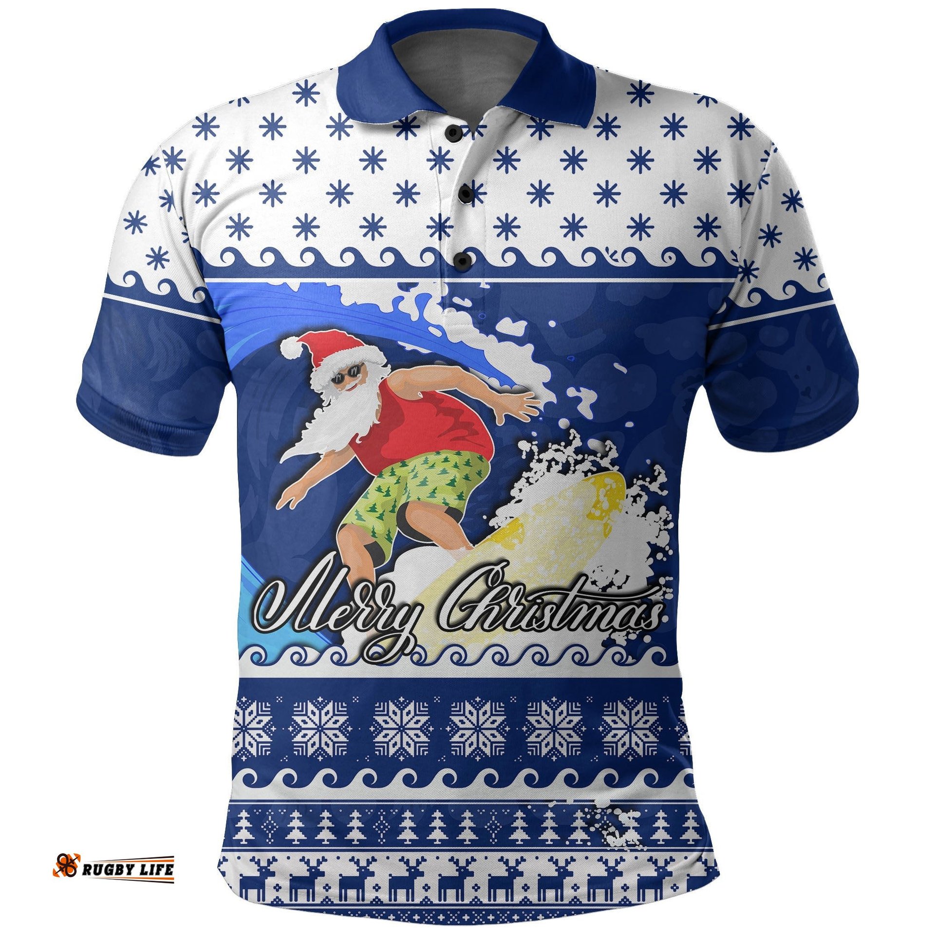 Surfing Santa Claus Polo Shirt Christmas Australia Blue Style