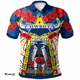 Cowboys Rugby Anzac Day Watercolour Polo Shirt - Custom Remembrance Cowboys With Poppy Flower RLT13