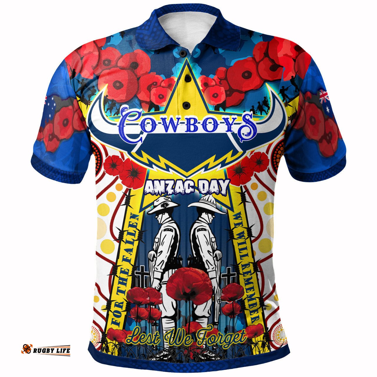 Cowboys Rugby Anzac Day Watercolour Polo Shirt - Custom Remembrance Cowboys With Poppy Flower RLT13