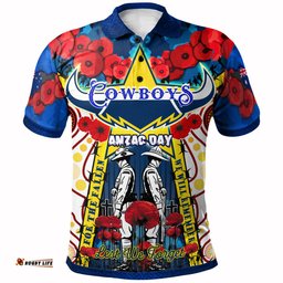 Cowboys Rugby Anzac Day Watercolour Polo Shirt - Custom Remembrance Cowboys With Poppy Flower RLT13