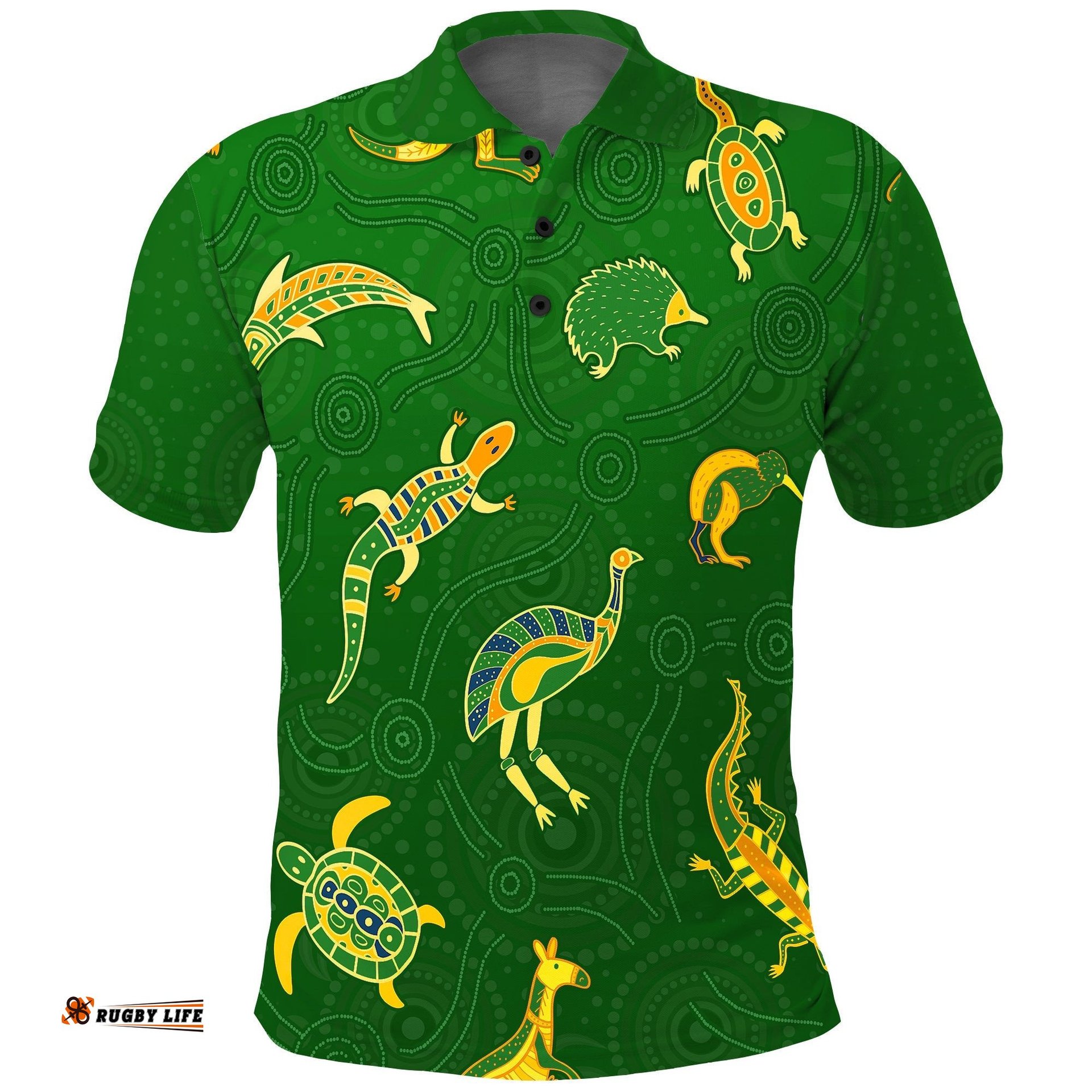 Aboriginal Art Polo Shirt Animals Australia Version Green