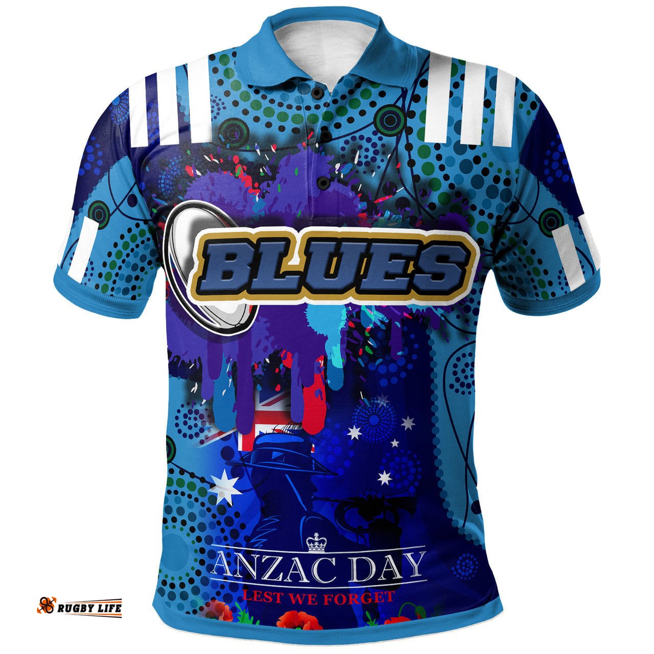 Blues Rugby Polo Shirt- Aboriginal Anzac Day '' Lest We Forget '' Color Drawing Patterns Polo Shirt