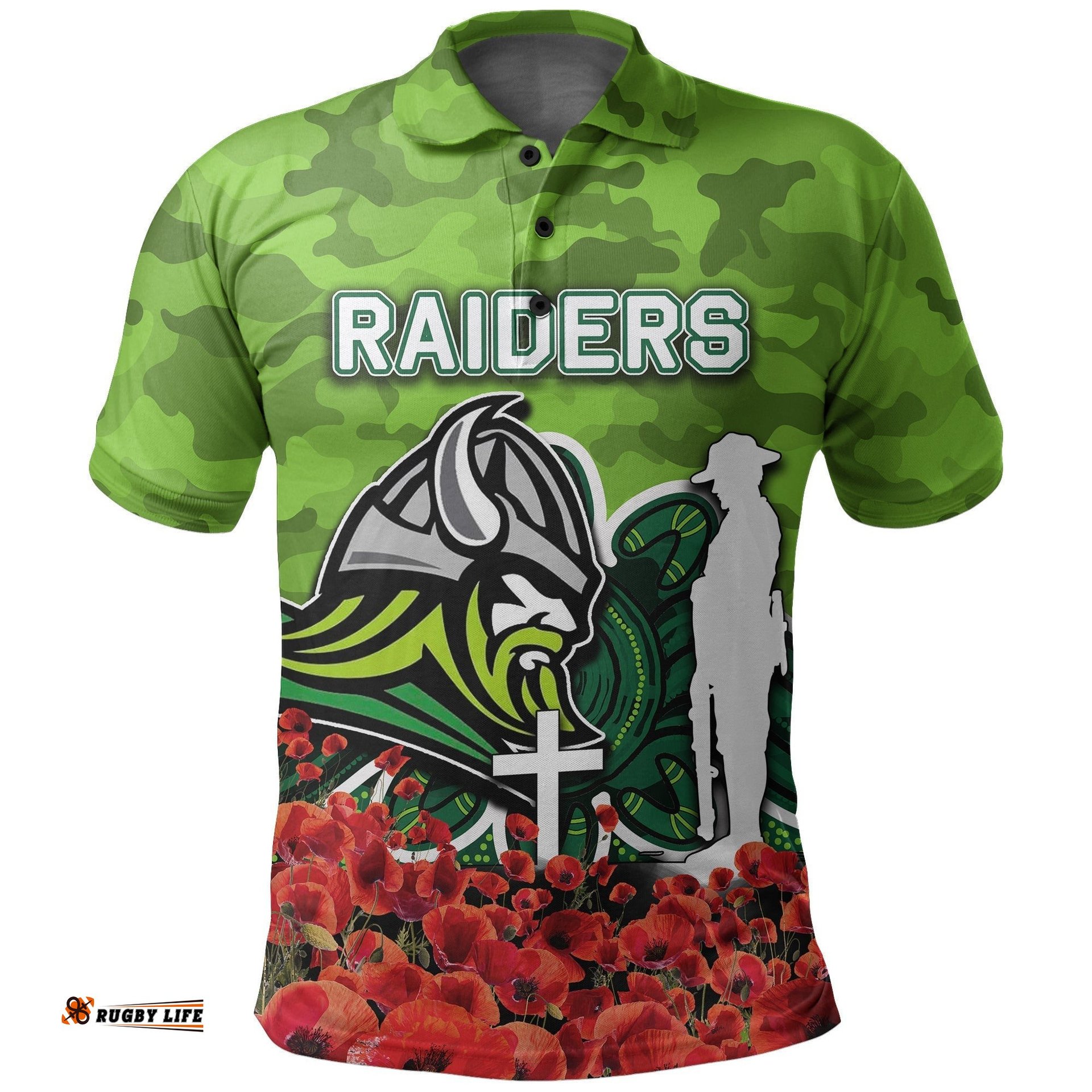 Canberra Raiders Polo Shirt Anzac Day Poppy Flowers With Army Patterns