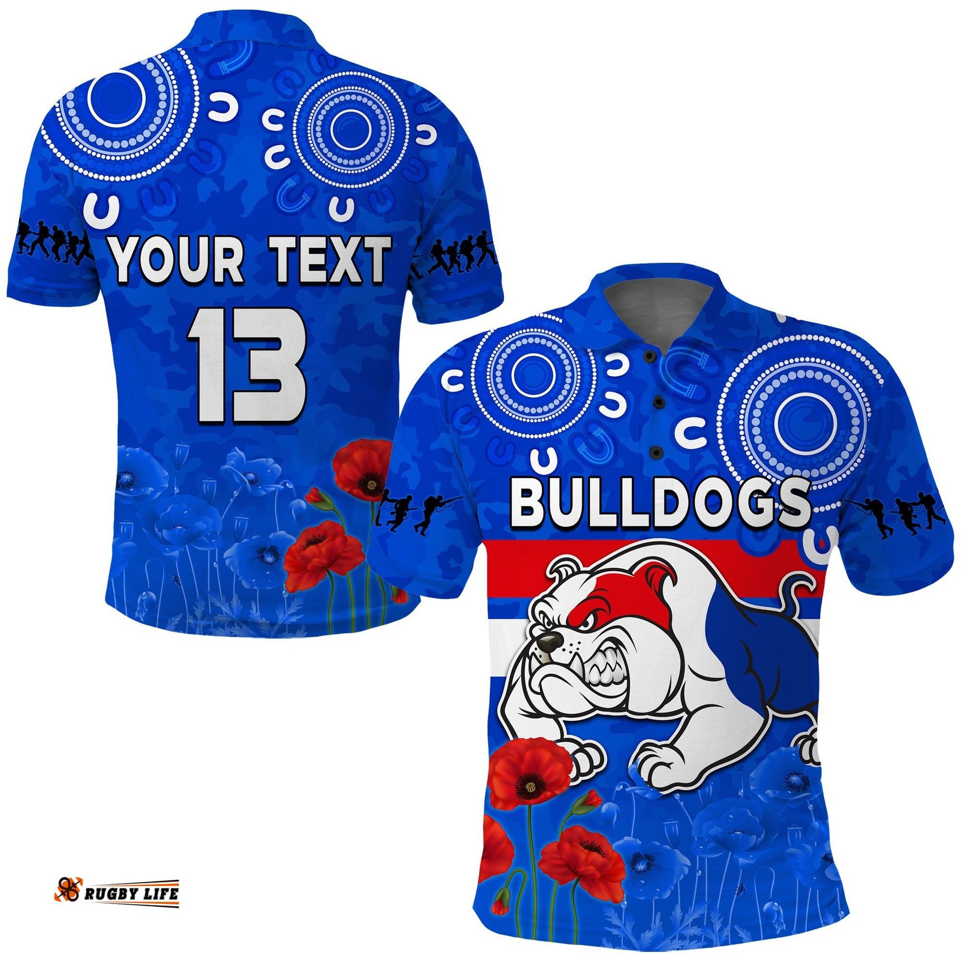 Custom Text and Number Bulldogs Anzac 2022 Polo Shirt Western Dogs Aboriginal Poppy