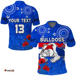 Custom Text and Number Bulldogs Anzac 2022 Polo Shirt Western Dogs Aboriginal Poppy