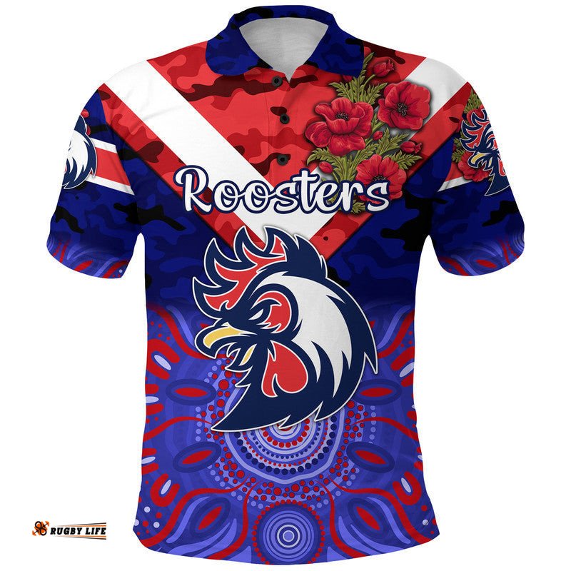 Custom Personalised Sydney Roosters ANZAC 2022 Polo Shirt Indigenous Vibes - Blue