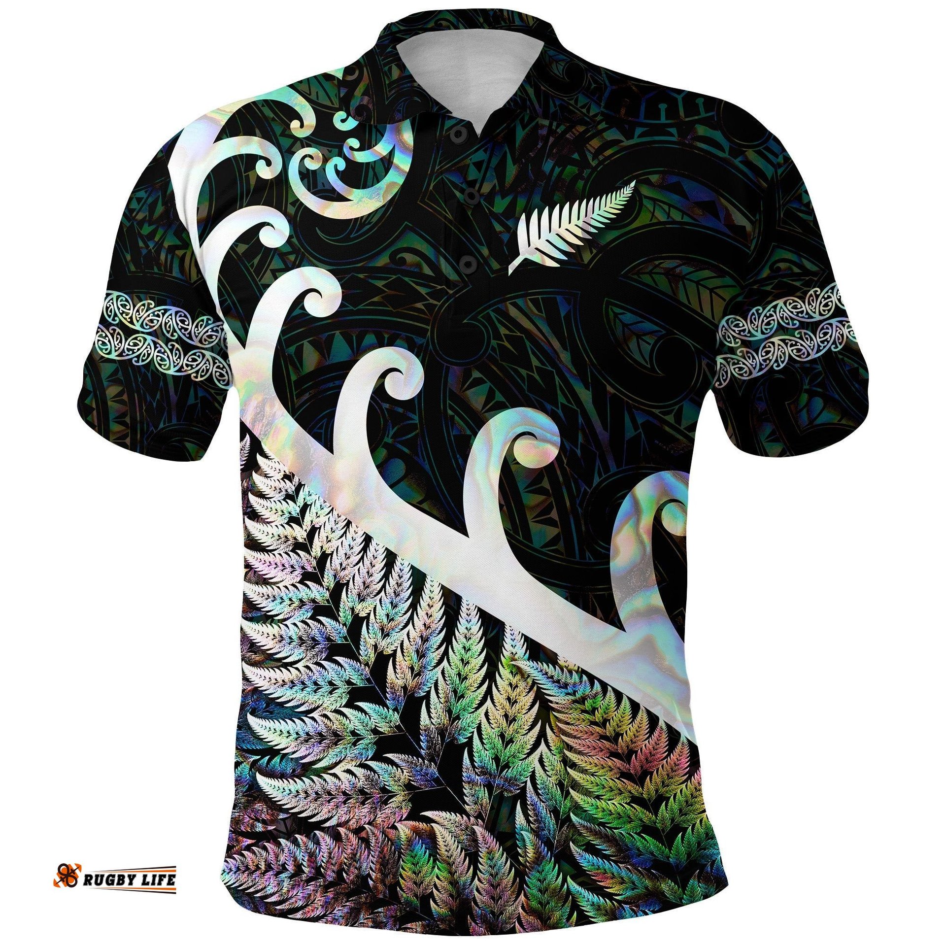 Custom Personalised New Zealand Rugby Maori Polo Shirt Silver Fern Koru Vibes - Paua Shell