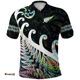 Custom Personalised New Zealand Rugby Maori Polo Shirt Silver Fern Koru Vibes - Paua Shell