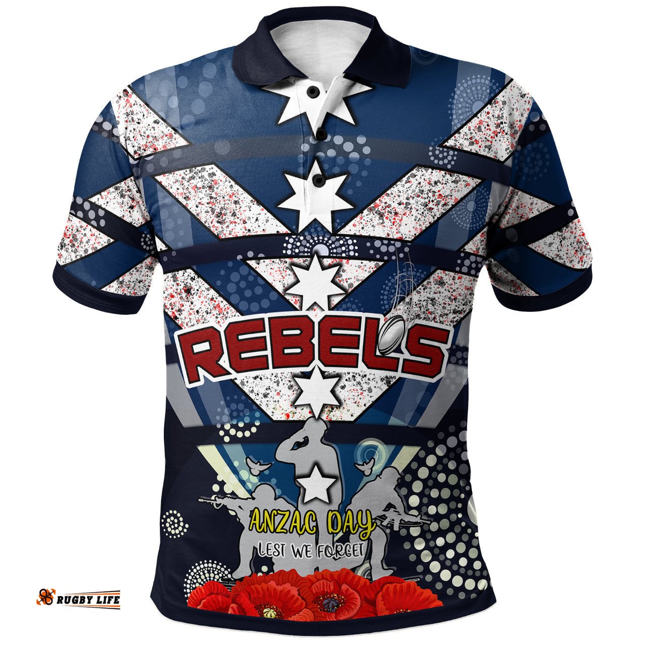 Rebels Rugby Polo Shirt- Aboriginal Anzac Day "Lest We Forget" Stars With Poppy Flower Patterns Polo Shirt