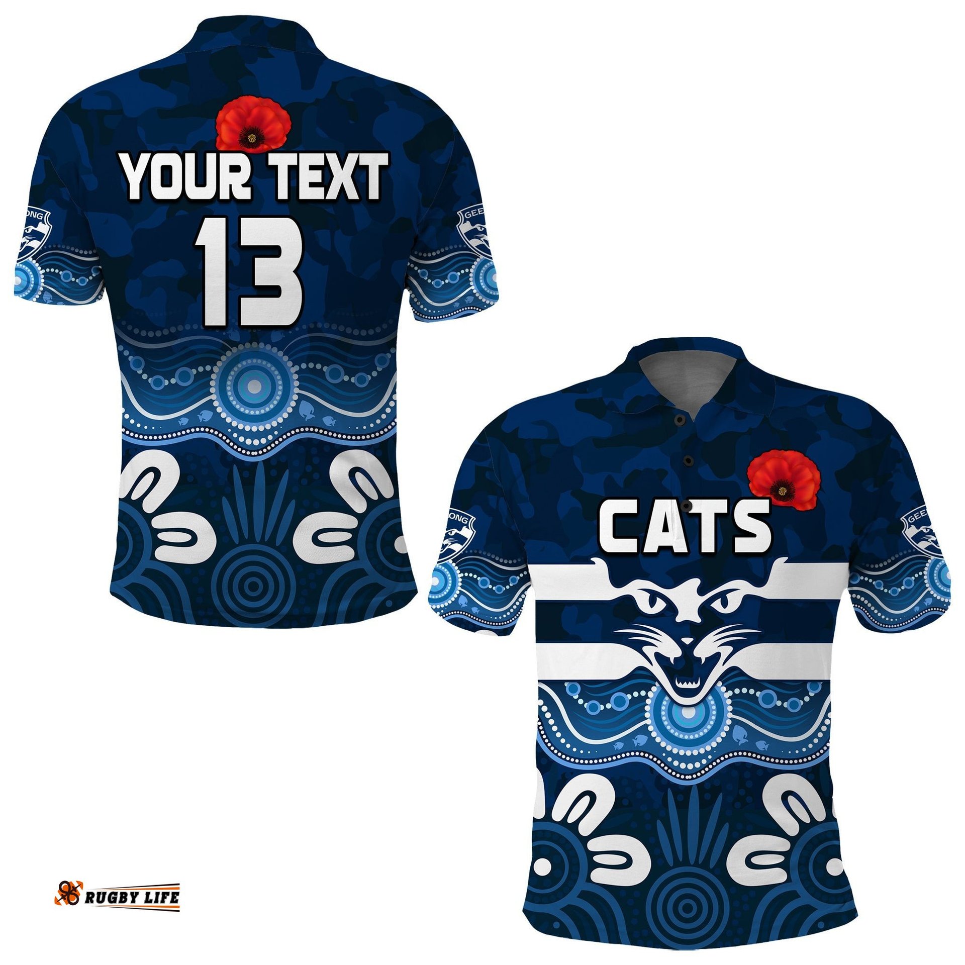 Custom Text and Number Cats Anzac 2022 Polo Shirt Geelong Football Aboriginal Poppy