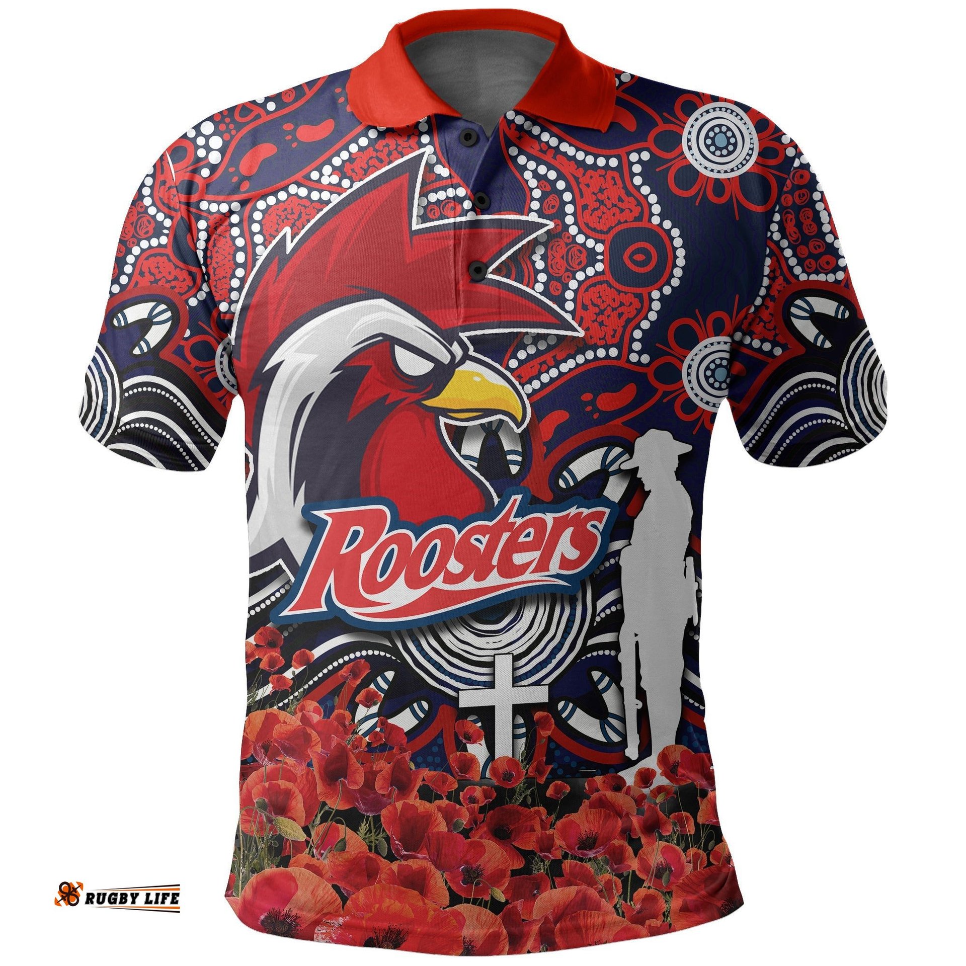 Roosters Polo Shirt Anzac Day Poppy Flowers With Aboriginal