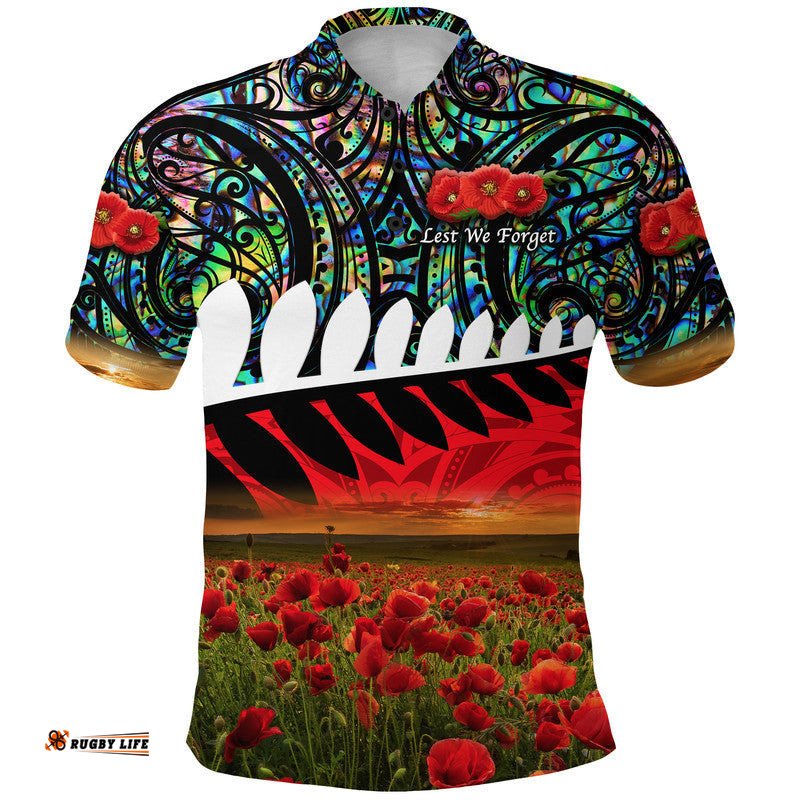Custom Personalised New Zealand Maori ANZAC Polo Shirt Poppy Vibes - Paua Shell