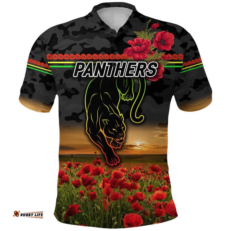 Panthers ANZAC Polo Shirt Poppy Flowers Vibes - Black