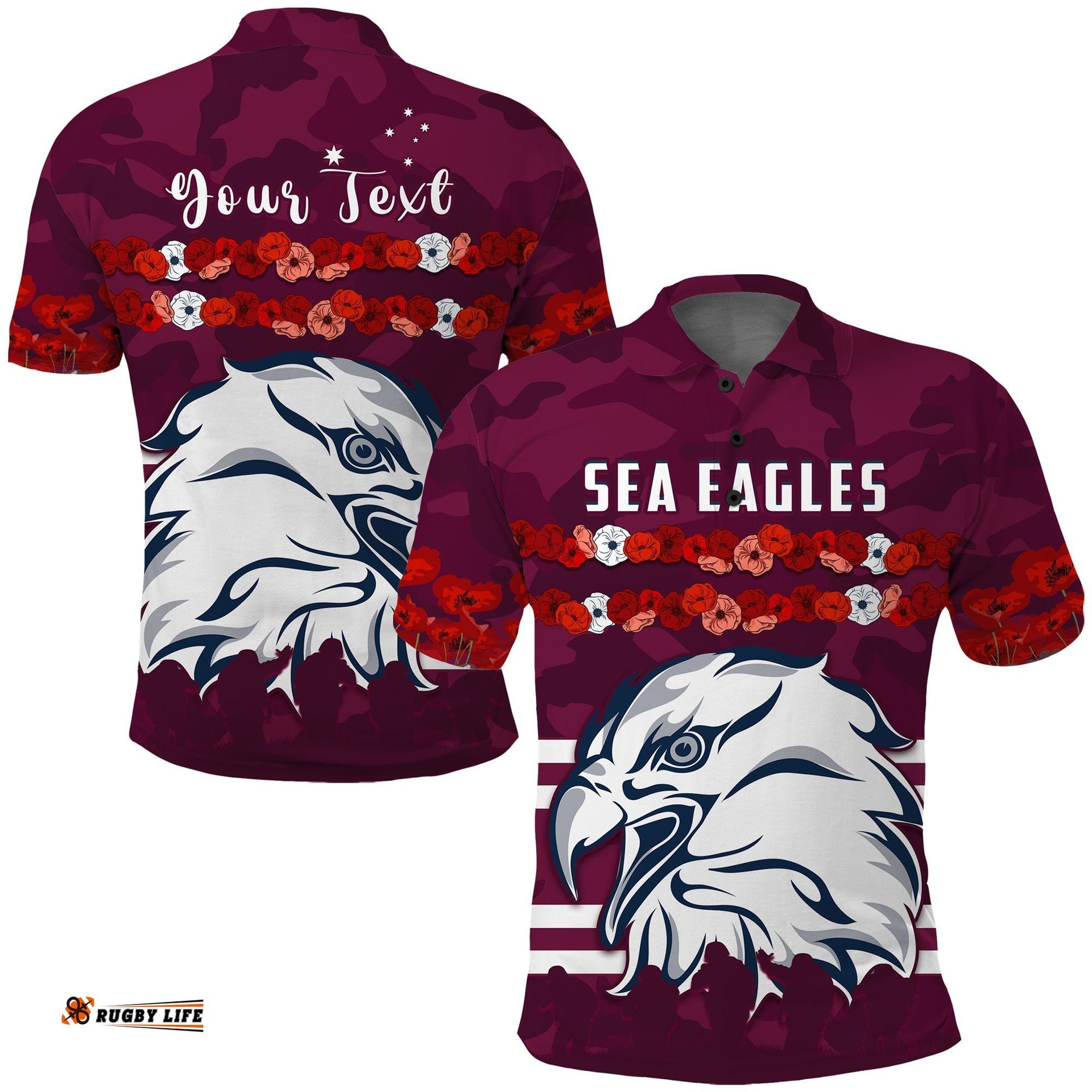 Custom Personalised Sea Eagles Polo Shirt Anzac Day Poppy Lest We Forget