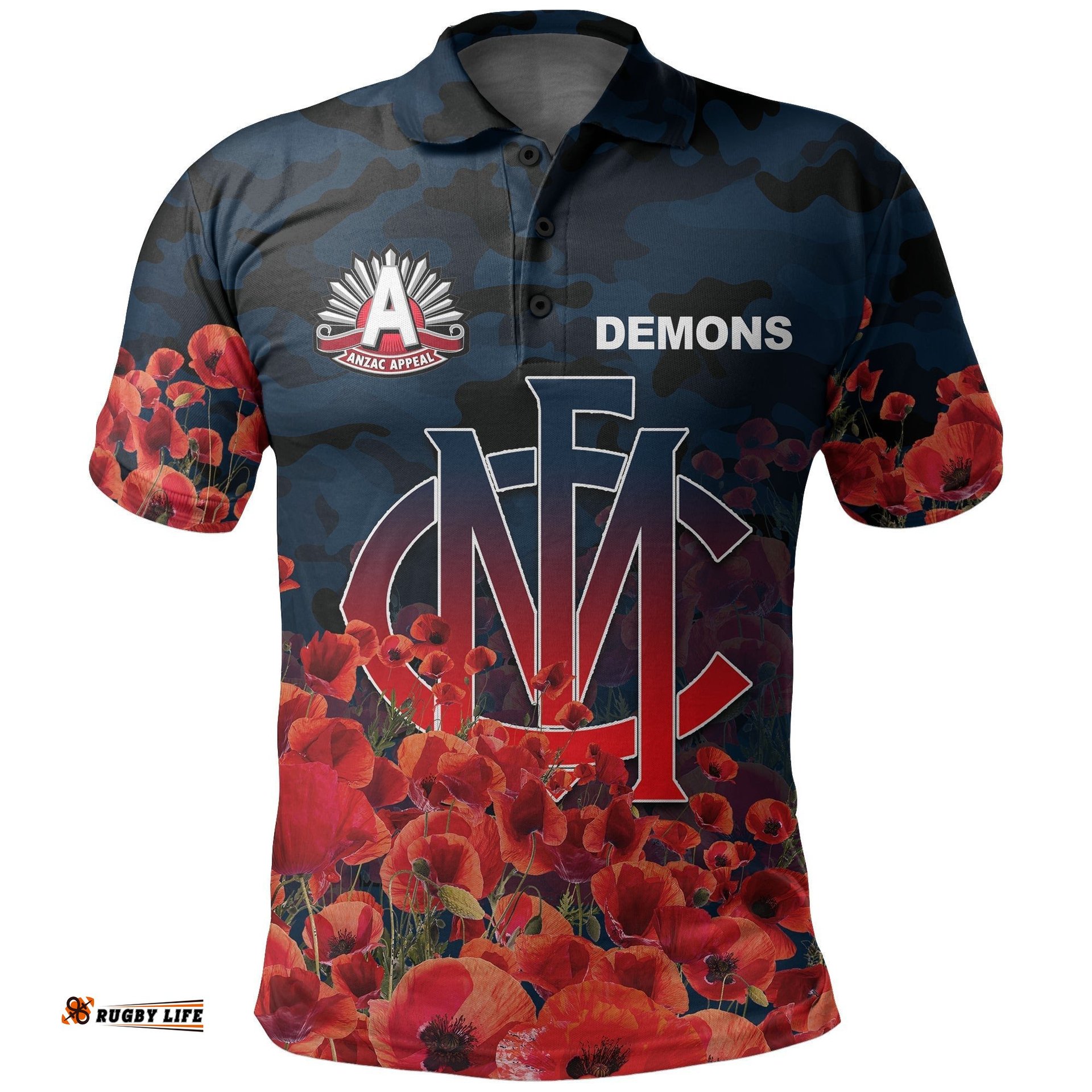 Anzac Day Demons Polo Shirt Poppy Flowers With Army Patterns