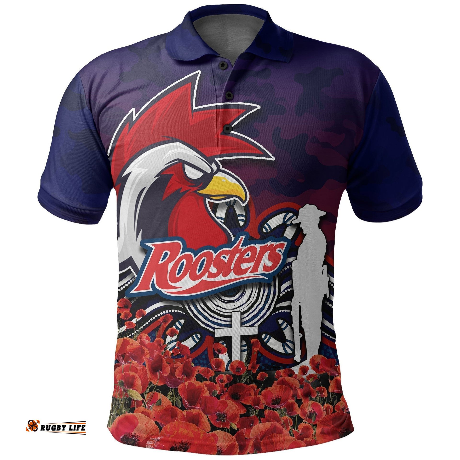 Roosters Polo Shirts Anzac Day Poppy Flowers With Army Patterns