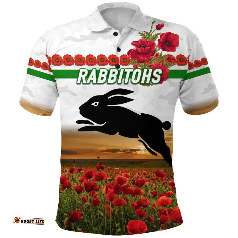 South Sydney Rabbitohs ANZAC 2022 Polo Shirt Poppy Flowers Vibes - White