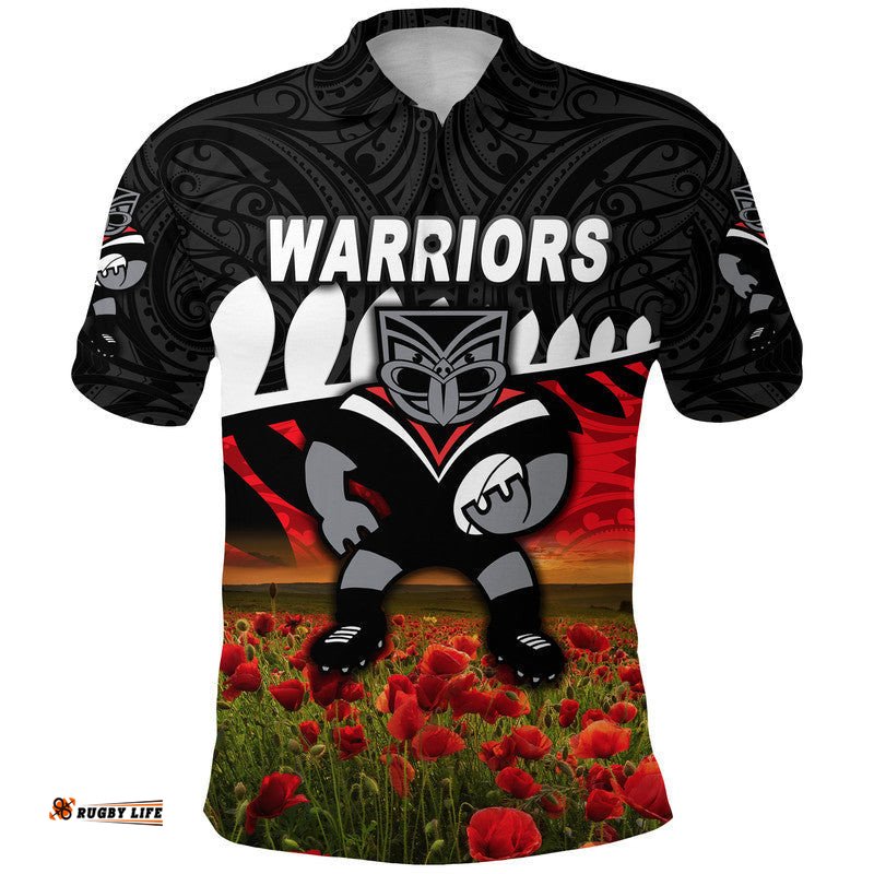 Warriors ANZAC Polo Shirt Maori Poppy Flowers Vibes