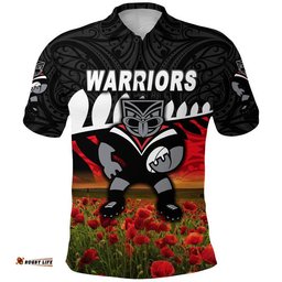 Warriors ANZAC Polo Shirt Maori Poppy Flowers Vibes