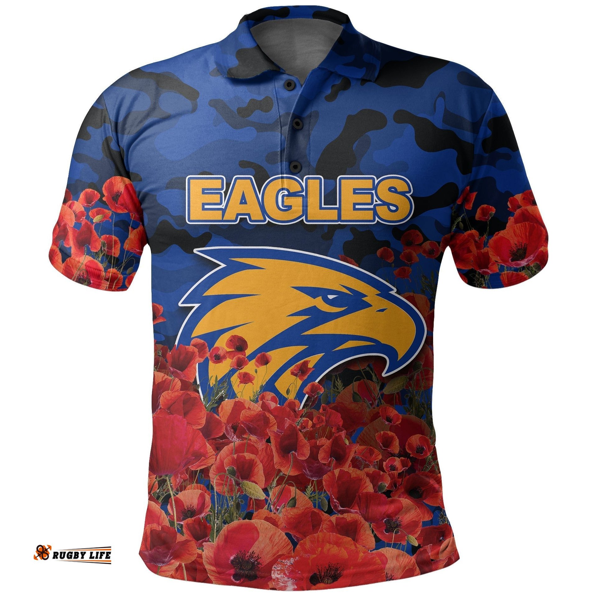 Anzac Day West Coast Eagles Polo Shirt Poppy Flowers With Army Patterns