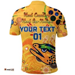 Custom Personalised Parramatta Polo Shirt Eels Indigenous Naidoc Heal Country! Heal Our Nation - Gold, Custom Text And Number