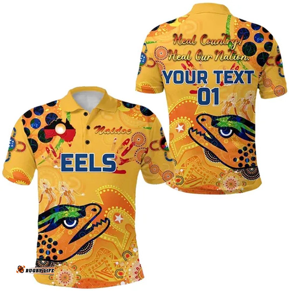Custom Personalised Parramatta Polo Shirt Eels Indigenous Naidoc Heal Country! Heal Our Nation - Gold, Custom Text And Number