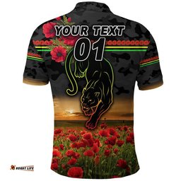 Custom Personalised Panthers ANZAC Polo Shirt Poppy Flowers Vibes - Black