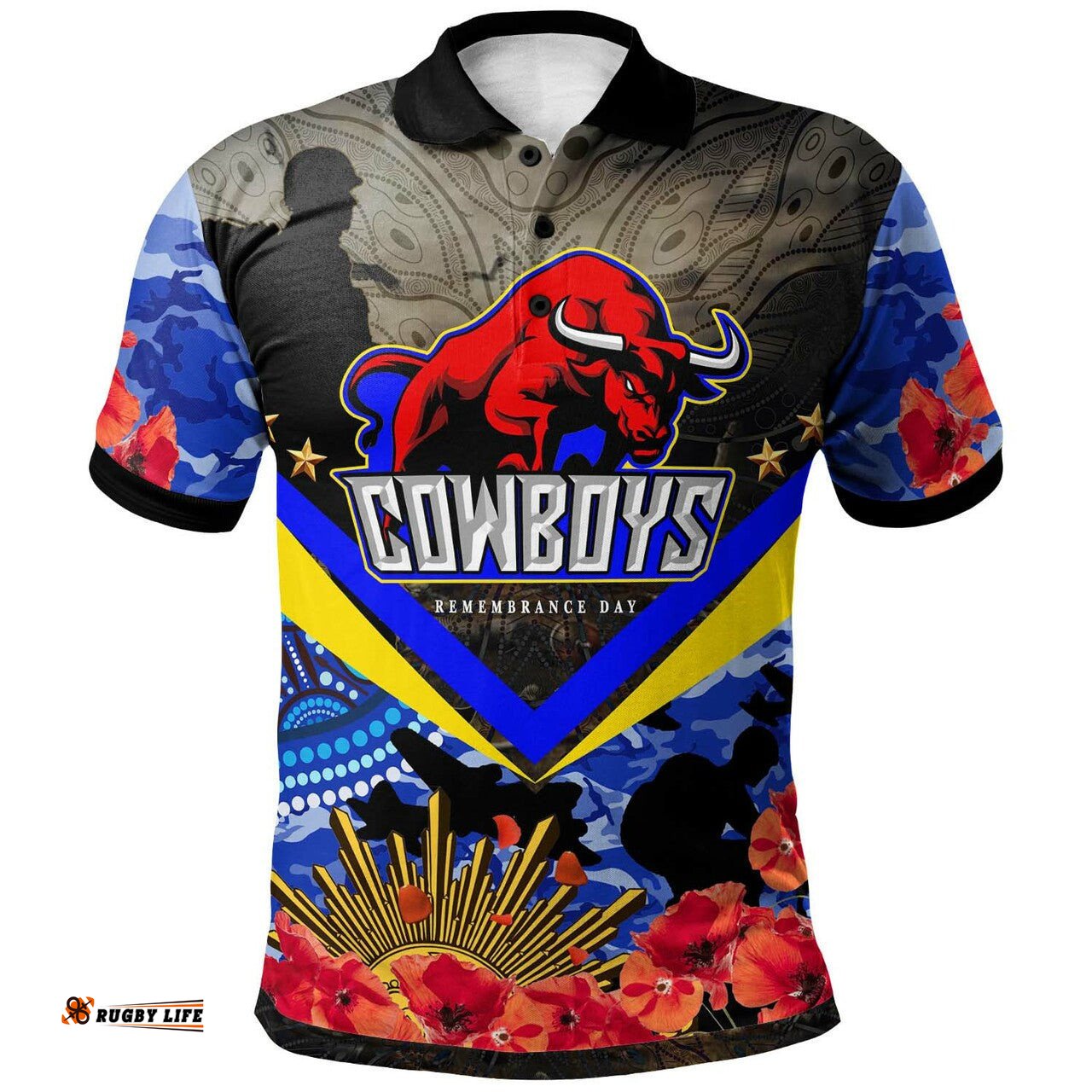 Cowboys Rugby Polo shirt - Aboriginal Anzac Day Cowboys with Poppy Flower Indigenous Polo Shirt