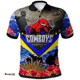 Cowboys Rugby Polo shirt - Aboriginal Anzac Day Cowboys with Poppy Flower Indigenous Polo Shirt