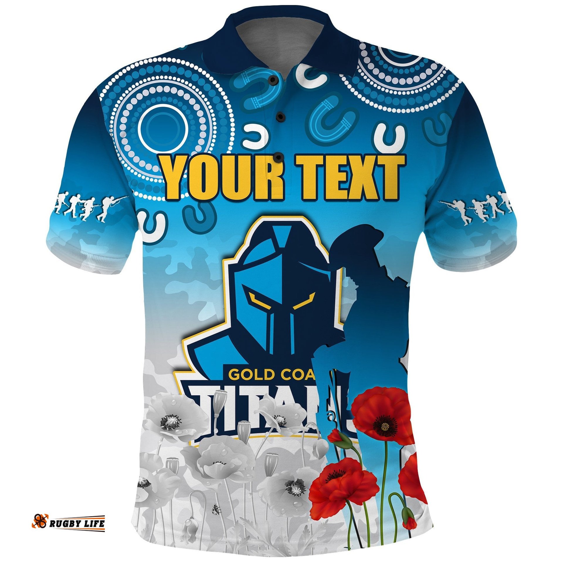 Custom Personalised Titans Anzac 2022 Polo Shirt Gold Coast Aboriginal White Camouflage