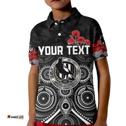 Custom Personalised Magpies Anzac 2022 Polo Shirt Collingwood Football Aboriginal Poppy Flowers