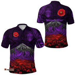 Custom Personalised Warriors Rugby Polo Shirt New Zealand Mount Taranaki With Poppy Flowers Anzac Vibes Purple