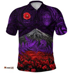Custom Personalised Warriors Rugby Polo Shirt New Zealand Mount Taranaki With Poppy Flowers Anzac Vibes Purple