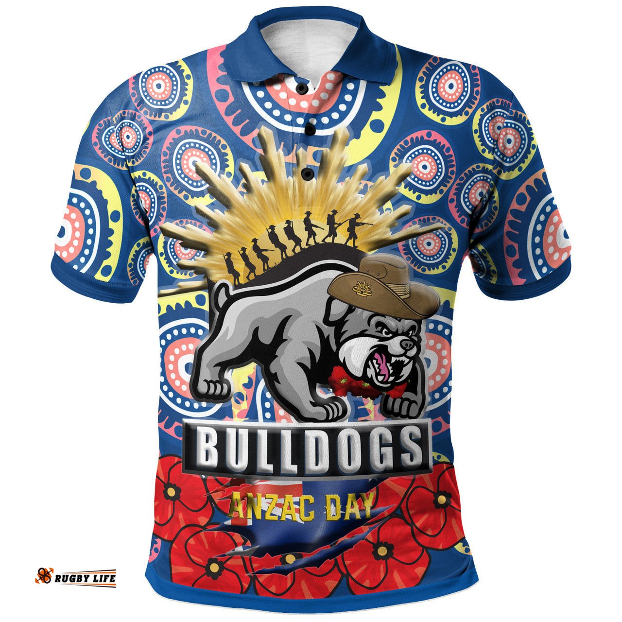 Bulldogs Rugby Polo Shirt- Aboriginal And Anzac Day With Poppy Flower Patterns Polo Shirt