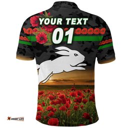 Custom Personalised Rabbitohs ANZAC Polo Shirt Poppy Flowers Vibes - Black