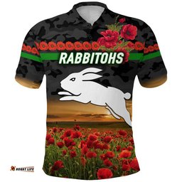 Custom Personalised Rabbitohs ANZAC Polo Shirt Poppy Flowers Vibes - Black