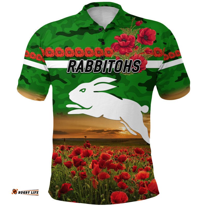 Custom Personalised Rabbitohs ANZAC Polo Shirt Poppy Flowers Vibes - Green