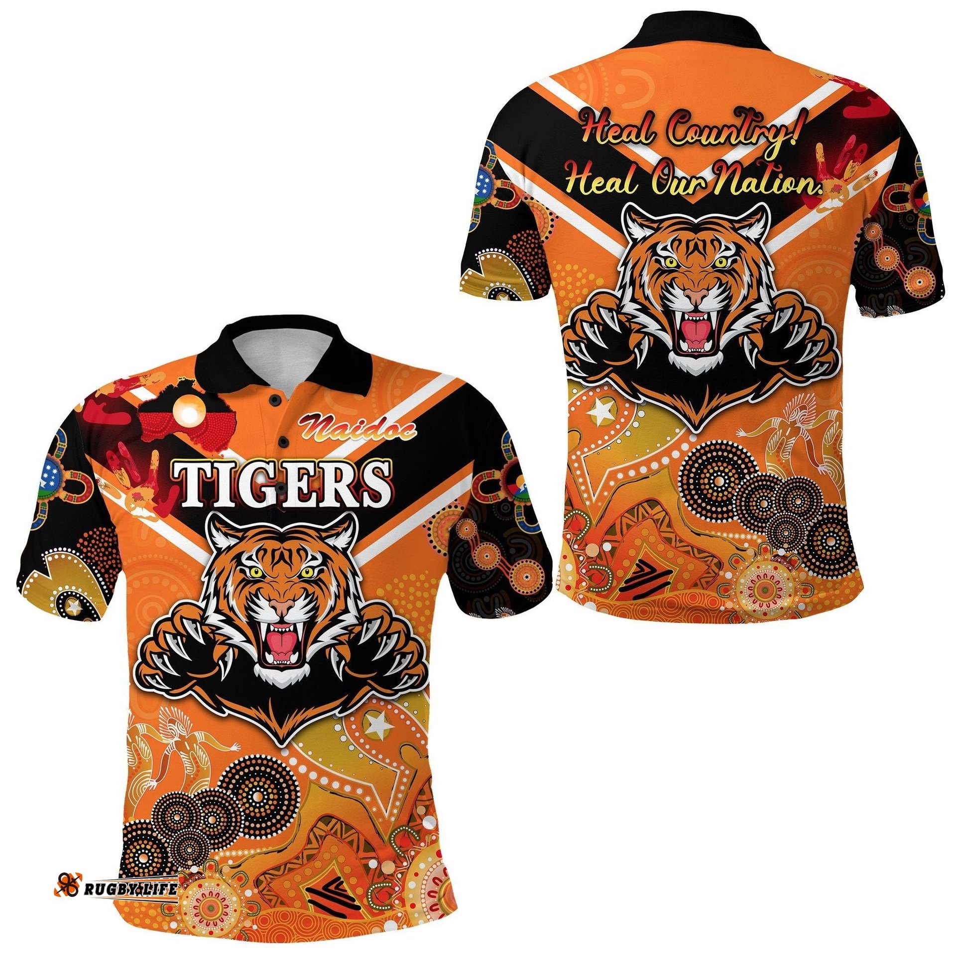 Wests Polo Shirt Tigers Indigenous Naidoc Heal Country! Heal Our Nation - Orange NO.1