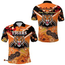 Wests Polo Shirt Tigers Indigenous Naidoc Heal Country! Heal Our Nation - Orange NO.1