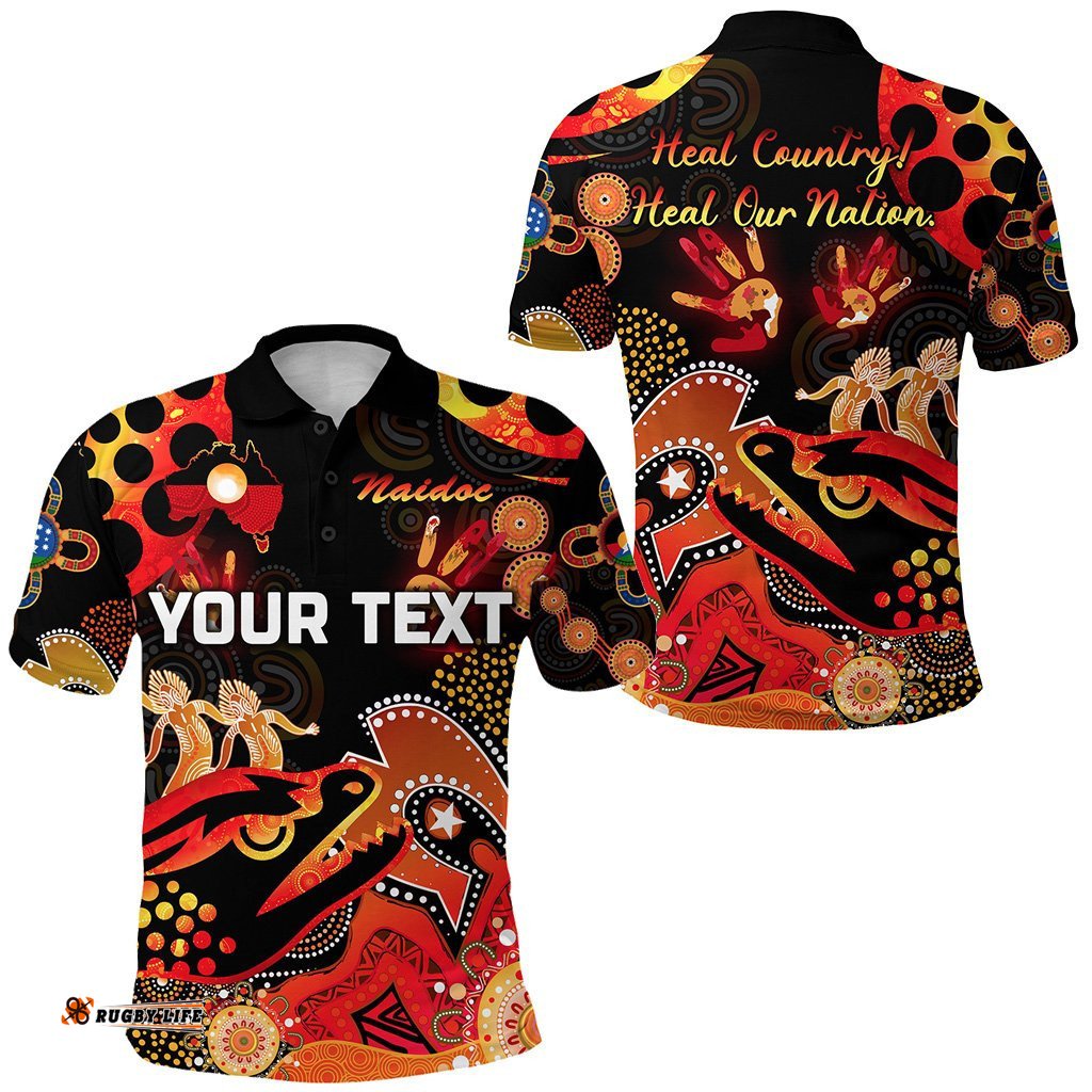 Custom Personalised Parramatta Polo Shirt Eels Indigenous Naidoc Heal Country! Heal Our Nation - Black