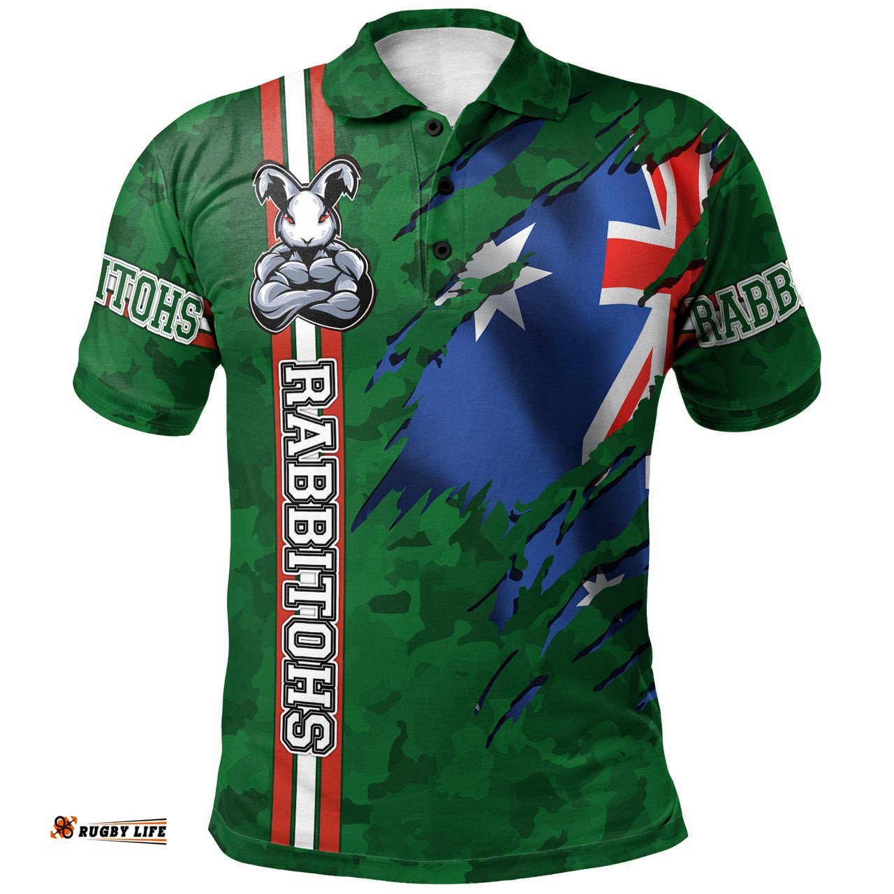 Rabbitohs Rugby Polo Shirt - Custom Rabbitohs With Camouflage and Australia Flag Polo Shirt RLT13